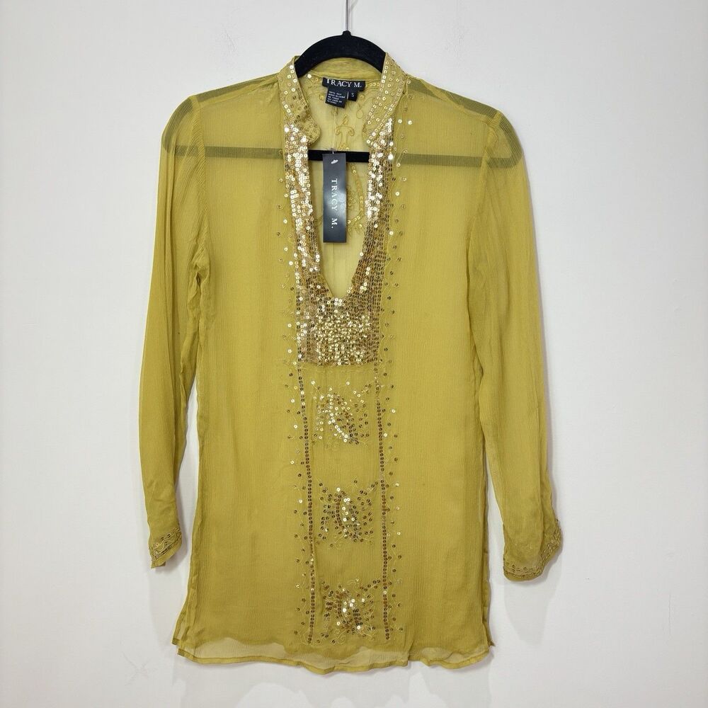 Y2K 100% Silk Yellow Tunic Top S Gold Sequin Sheer Boho Glam Indie Fairy NWT